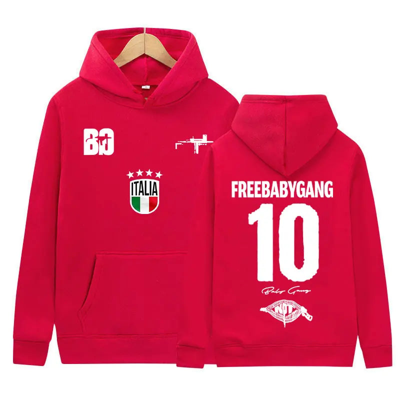 Red hooded fleece sweatshirt featuring white italia crest number 10 and freebabygang text for rapper baby gang tour album logo y2k fashion
