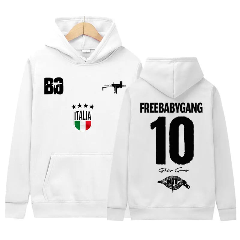White fleece hoody with black rapper baby gang tour album logo graphics and italian flag emblem music sweatshirt y2k style