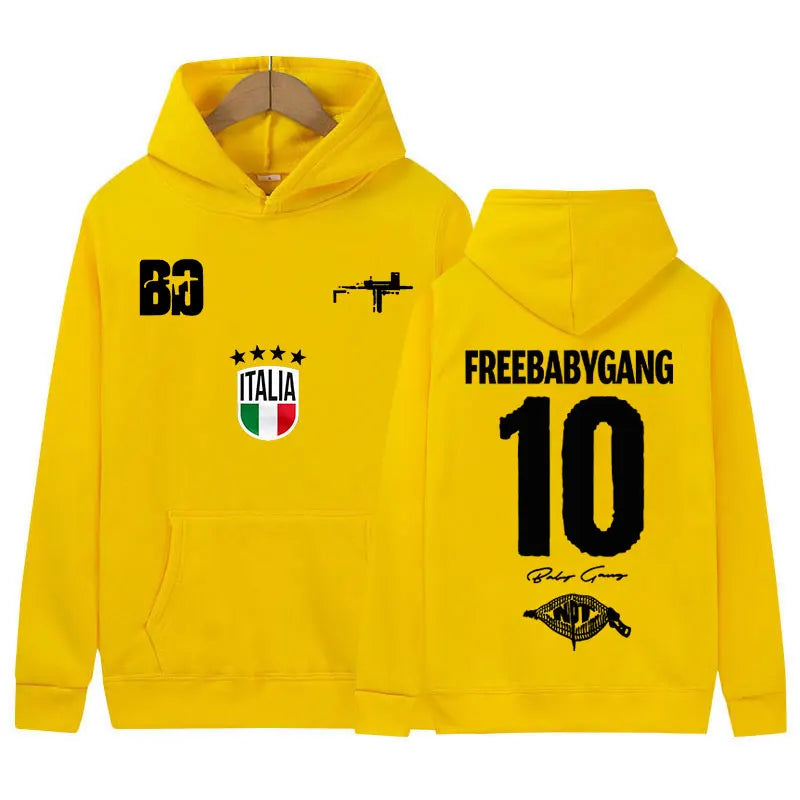 Bright yellow fleece music sweatshirt y2k with black rapper baby gang tour album logo and italian flag graphics