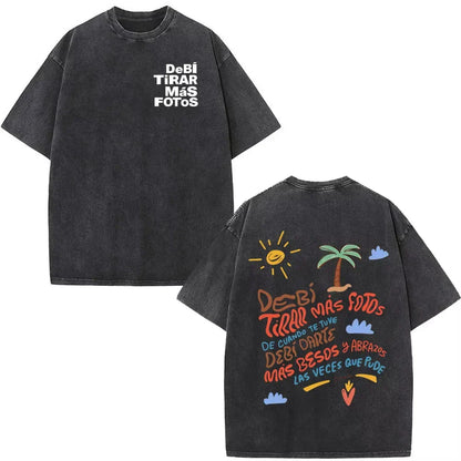 Black oversized rapper bad bunny dtmf t shirt with faded texture and colorful palm tree graphic on the back