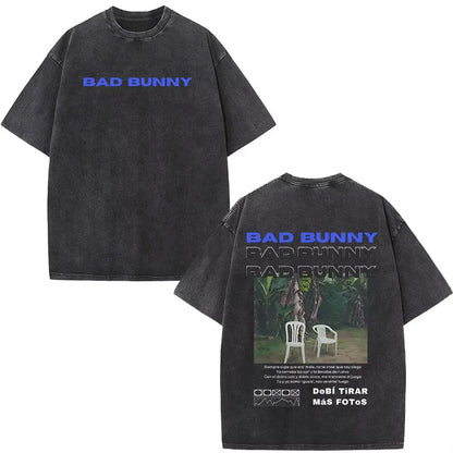 Black oversized rapper bad bunny dtmf t shirt with faded blue debi tirar mas text and tropical graphic on the back