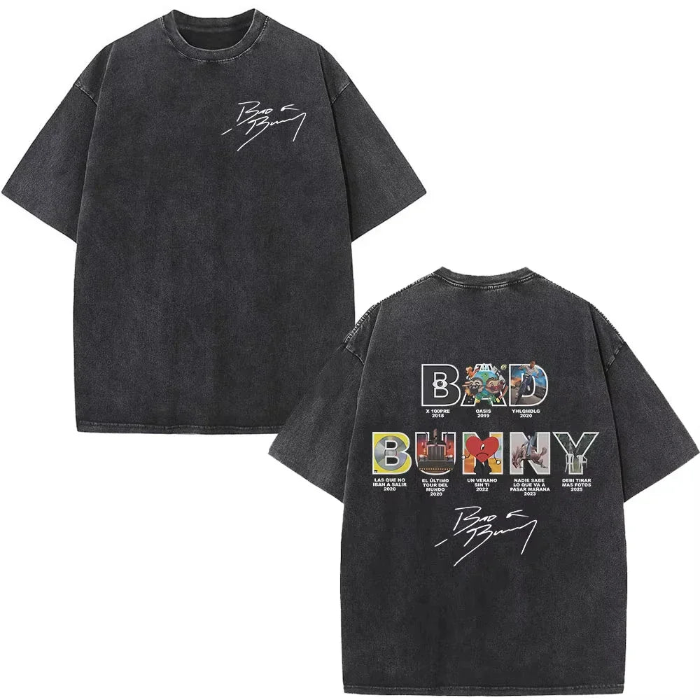 Black oversized rapper bad bunny dtmf t shirt with faded vintage texture and graphic debi tirar mas designs on both sides
