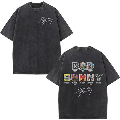 Black oversized rapper bad bunny dtmf t shirt with faded vintage texture and graphic debi tirar mas designs on both sides