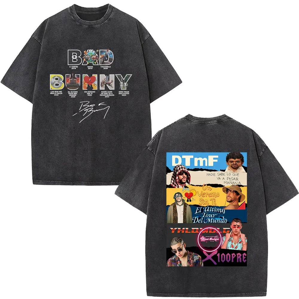 Black oversized t-shirt with faded distressed fabric and rapper bad bunny graphic print debi tirar mas dtmf t shirt