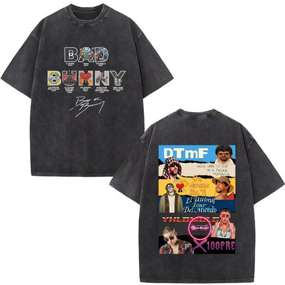 Black oversized t-shirt with faded distressed fabric and rapper bad bunny graphic print debi tirar mas dtmf t shirt