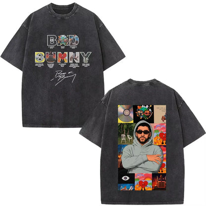 Black oversized t-shirt featuring rapper bad bunny graphic and album cover design for debi tirar mas dtmf t shirt fans