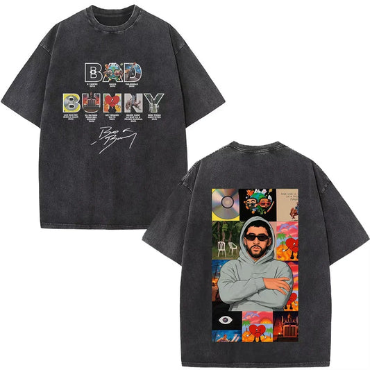 Black oversized t-shirt featuring rapper bad bunny graphic and album cover design for debi tirar mas dtmf t shirt fans