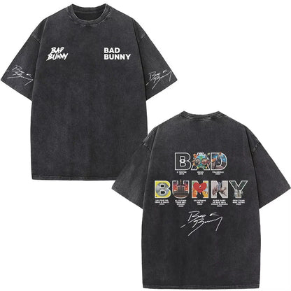Black oversized rapper bad bunny dtmf t shirt with bad bunny print and colorful tour dates graphic design on front and back