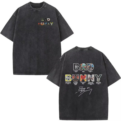 Black oversized rapper bad bunny t shirt with colorful graphic lettering and tour dates vintage dtmf t shirt streetwear