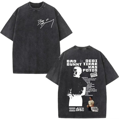 Black oversized rapper bad bunny dtmf t shirt with faded white graphic prints front and back for hip hop streetwear