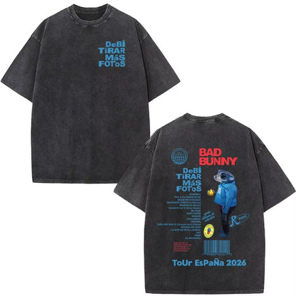 Black oversized t-shirt with faded blue and red bad bunny graphic on back rapper bad bunny debi tirar mas dtmf t shirt