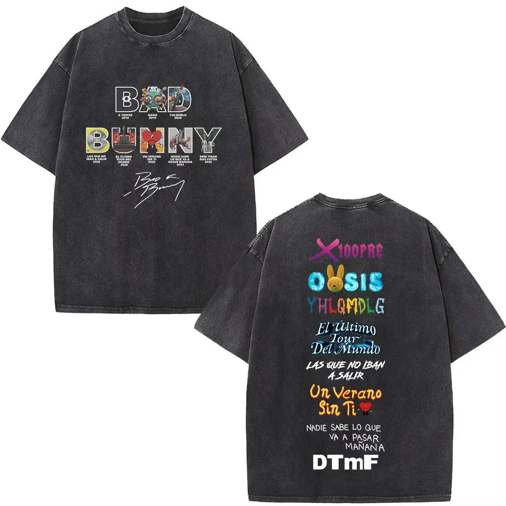 Black oversized t-shirt with faded bad bunny graphic print featuring colorful dtmf t shirt debi tirar mas design