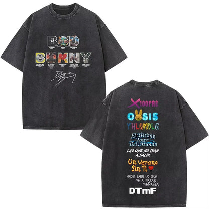 Black oversized t-shirt with faded bad bunny graphic print featuring colorful dtmf t shirt debi tirar mas design