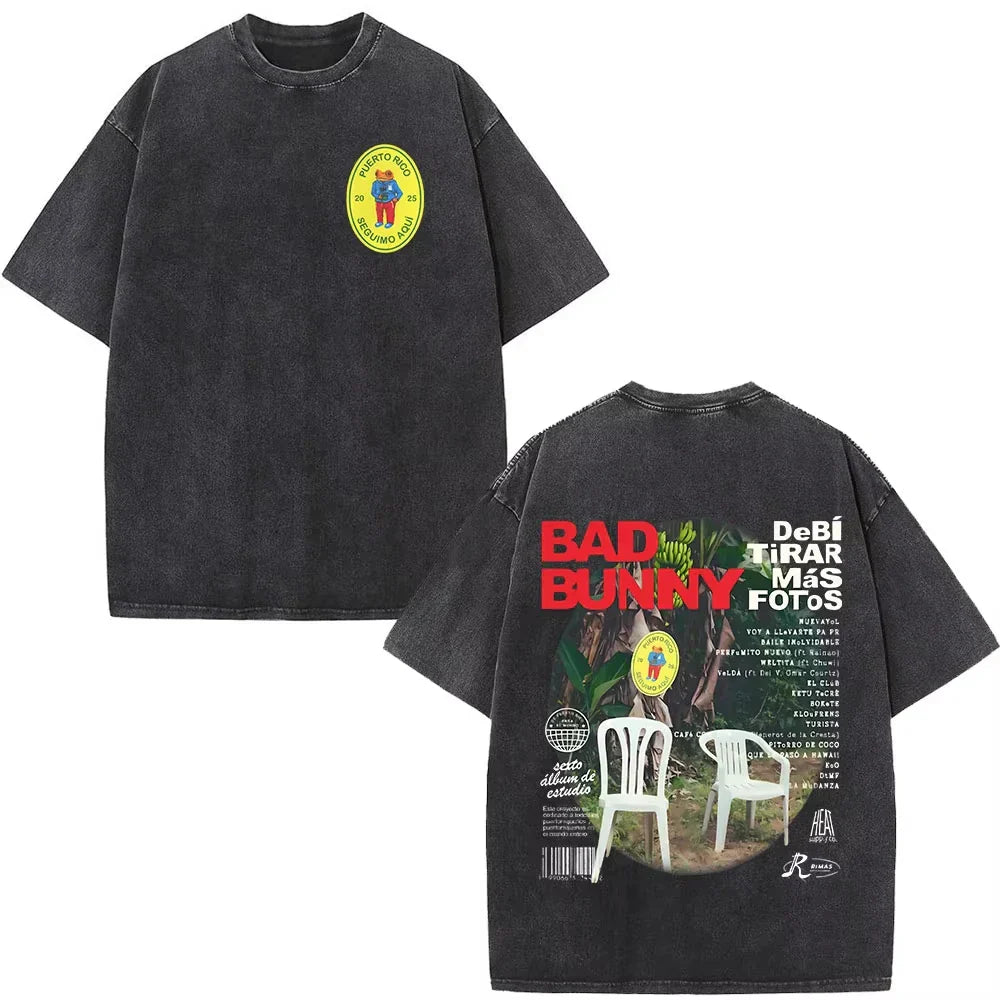Black oversized rapper bad bunny t shirt with faded wash yellow patch and red dtmf t shirt full back graphic print