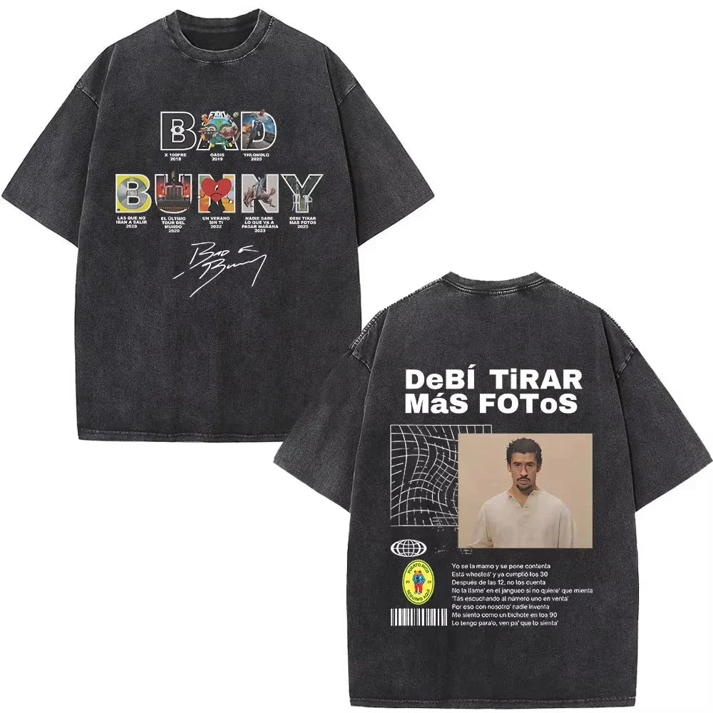 Black oversized rapper bad bunny graphic t shirt with debi tirar mas text on back dtmf t shirt streetwear style