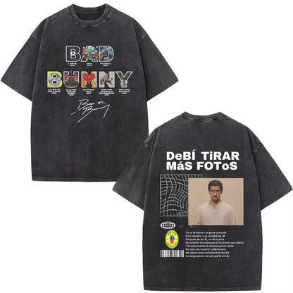 Black oversized rapper bad bunny graphic t shirt with debi tirar mas text on back dtmf t shirt streetwear style