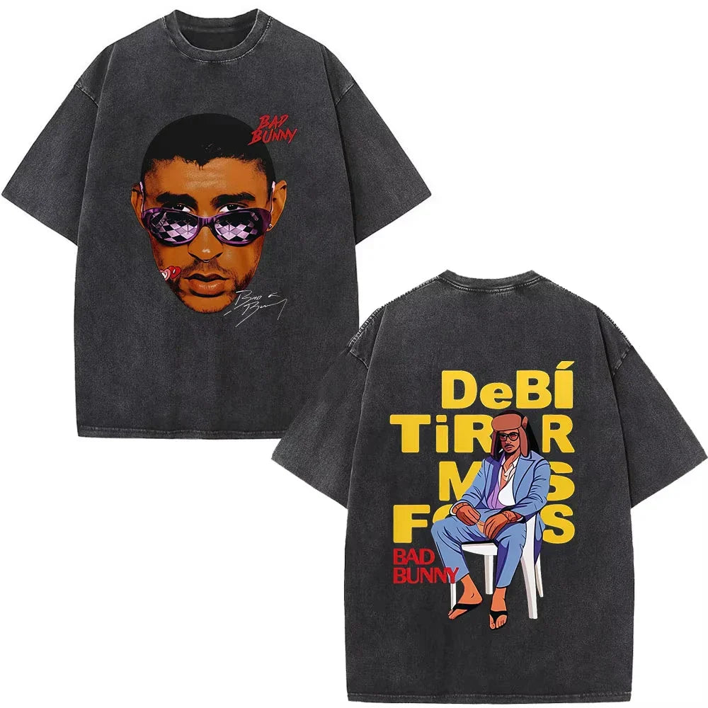 Black oversized t shirt featuring faded rapper bad bunny graphic front and illustrated debi tirar mas text back dtmf t shirt