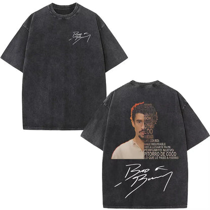 Black oversized t shirt with faded bad bunny graphic signature and song titles on back for rapper bad bunny dtmf t shirt