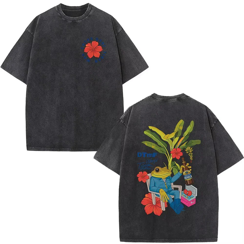 Black oversized t shirt back featuring vibrant graphic of frog in suit with beer bottle and tropical plants for dtmf t shirt streetwear