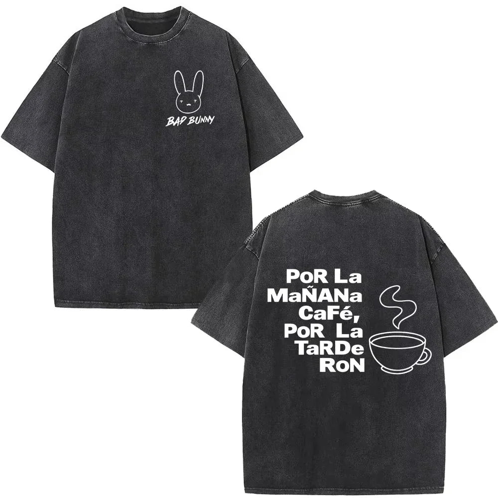 Black oversized cotton t-shirt with white rapper bad bunny bunny and coffee graphic debi tirar mas dtmf t shirt streetwear