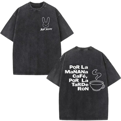 Black oversized cotton t-shirt with white rapper bad bunny bunny and coffee graphic debi tirar mas dtmf t shirt streetwear