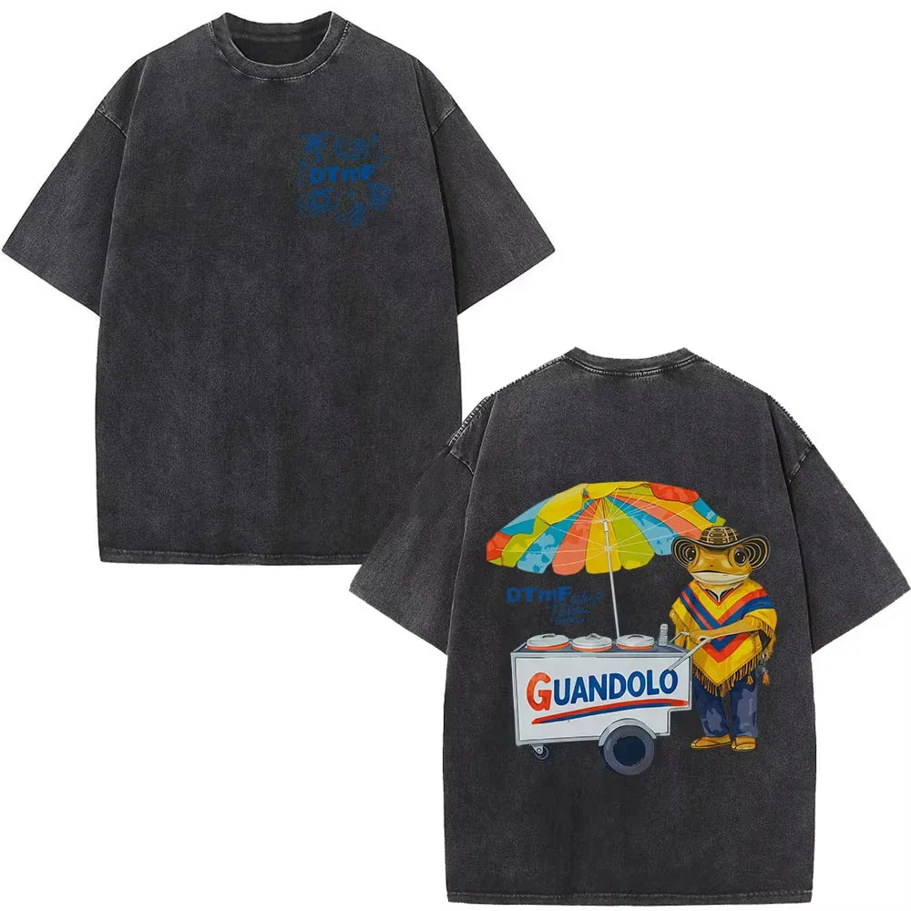 Black oversized faded wash t shirt with colorful frog vendor graphic on back rapper bad bunny debi tirar mas dtmf t shirt