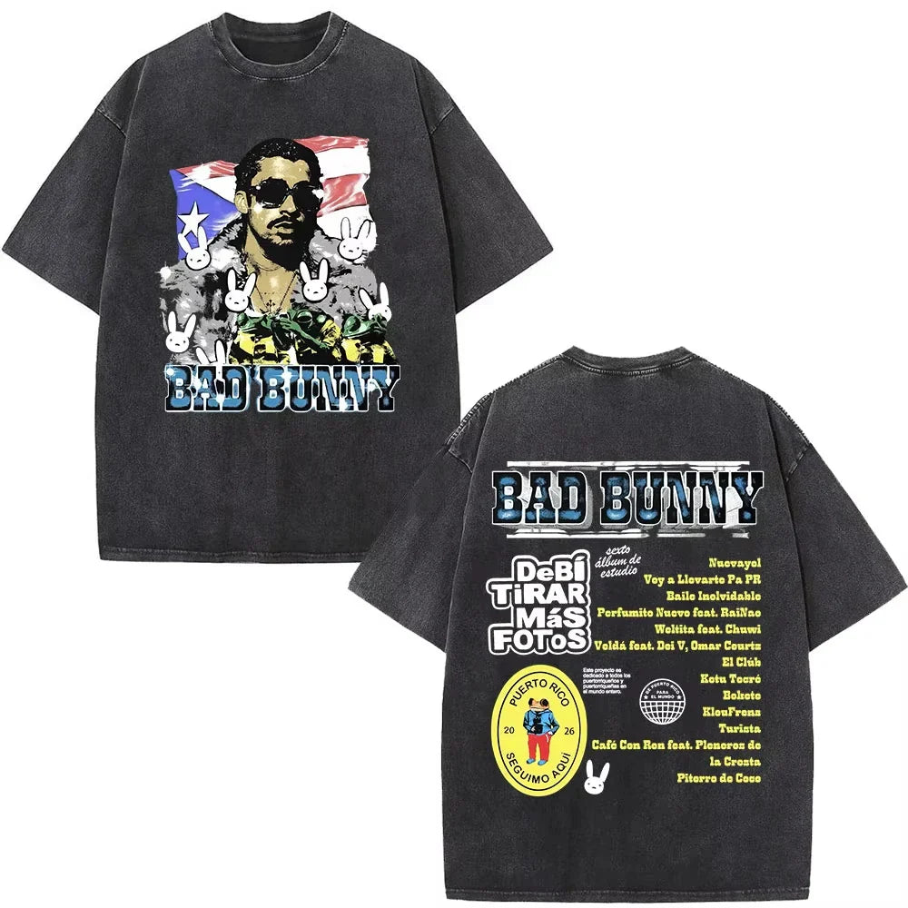 Black oversized rapper bad bunny t shirt with american flag graphic and dtmf t shirt album tracklist text on back side