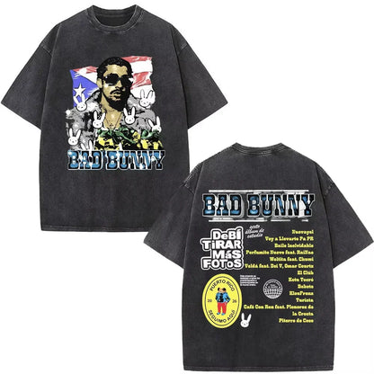 Black oversized rapper bad bunny t shirt with american flag graphic and dtmf t shirt album tracklist text on back side
