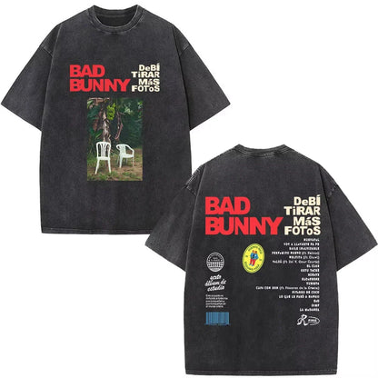 Black oversized cotton t shirt with faded white chairs graphic and bold red bad bunny text for rapper bad bunny dtmf t shirt
