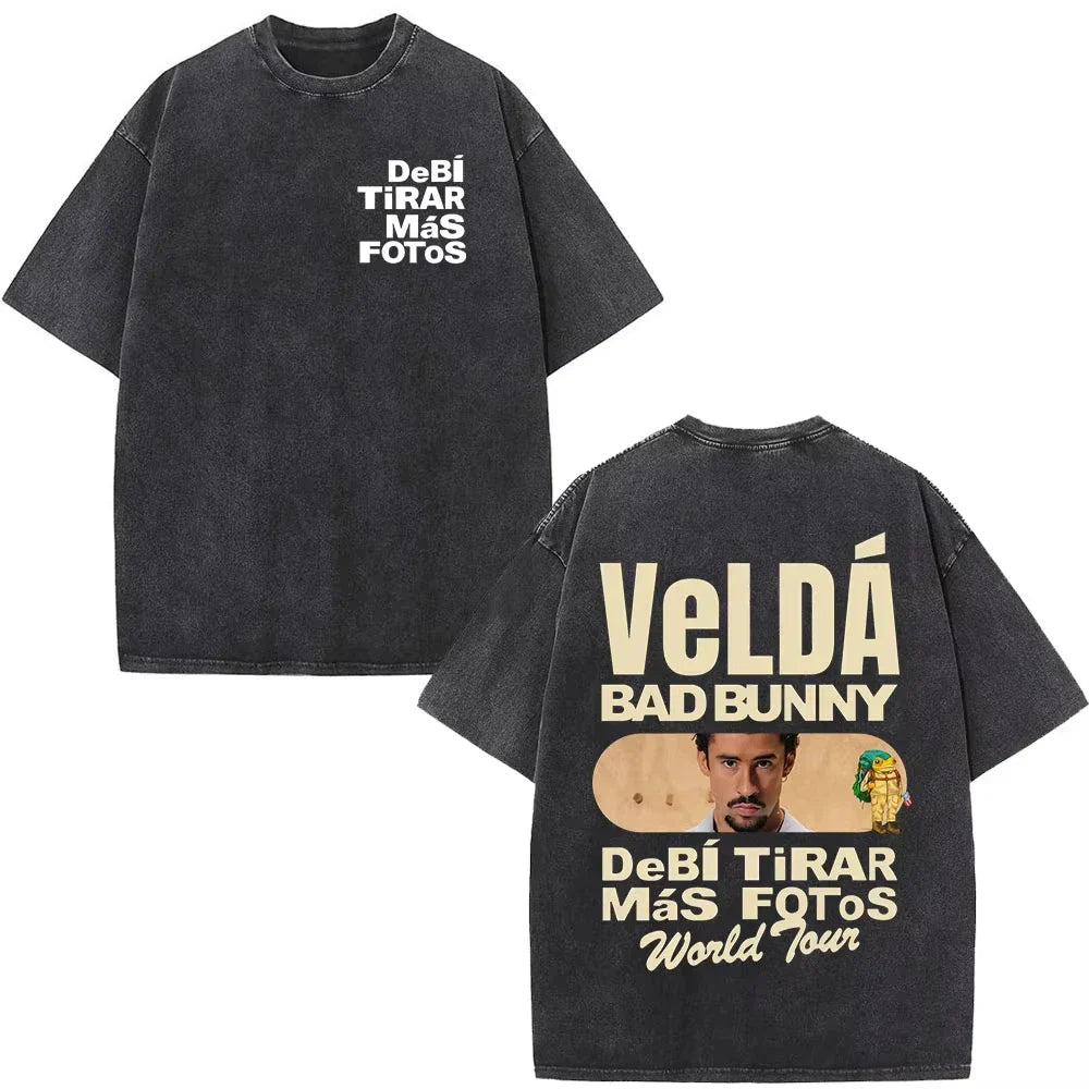 Black oversized t-shirt with faded white and beige bad bunny veldá world tour graphic print rapper bad bunny dtmf t shirt