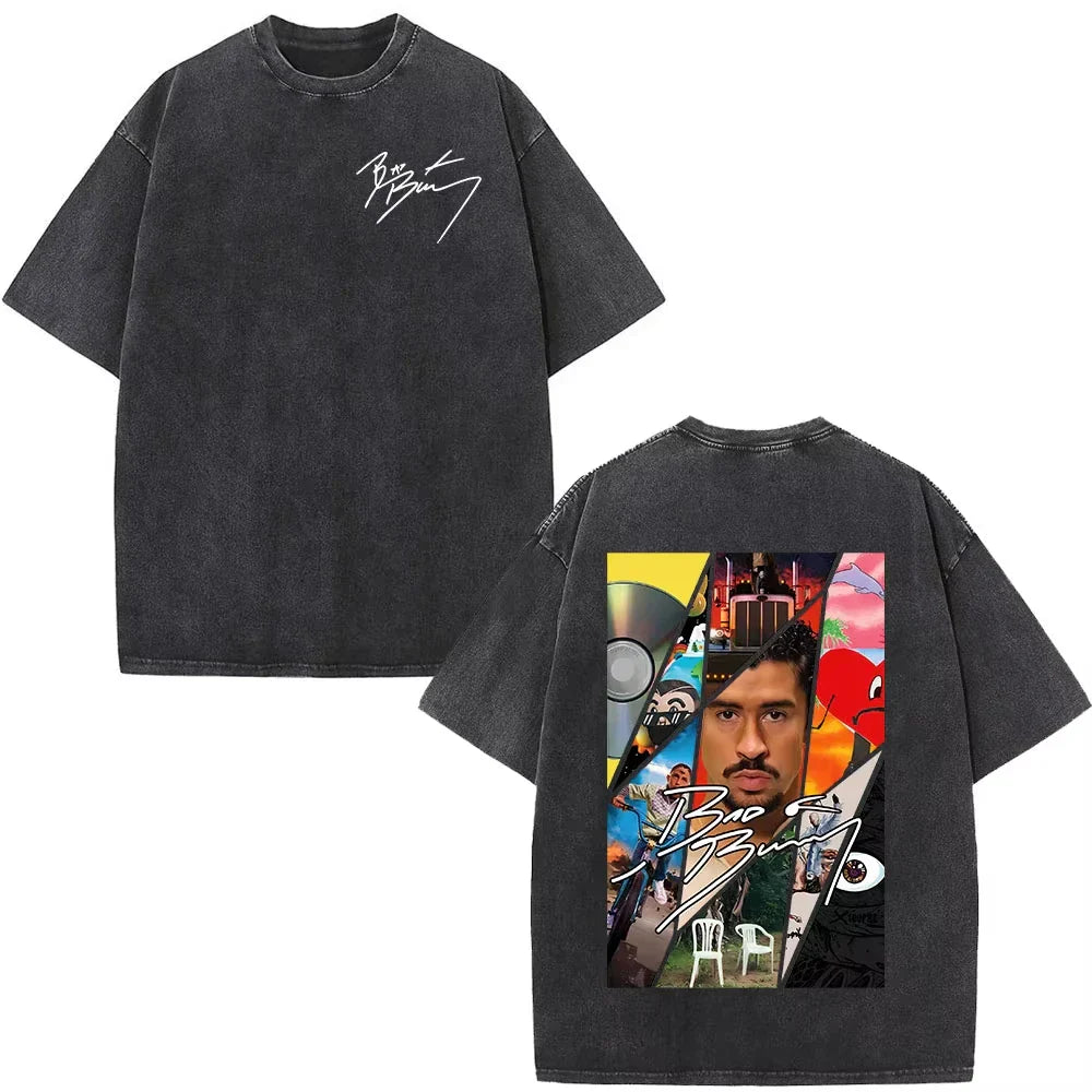 Black oversized cotton t-shirt featuring vibrant bad bunny collage back and white signature front dtmf t shirt streetwear