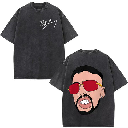 Black oversized cotton t shirt with rapper bad bunny cartoon graphic and red sunglasses on back debi tirar mas dtmf t shirt