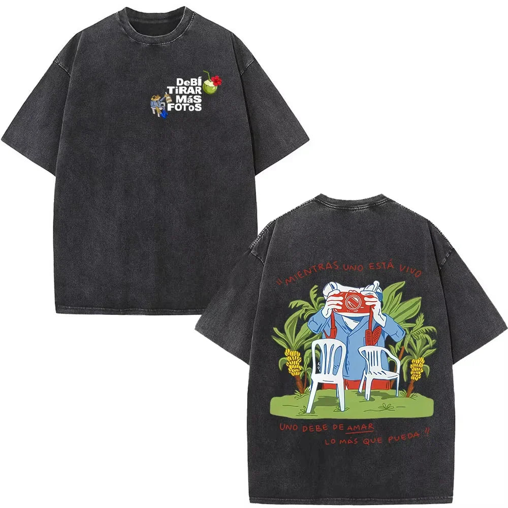 Black oversized rapper bad bunny dtmf t shirt with faded texture and vibrant prints of cartoon man taking photos in tropical setting