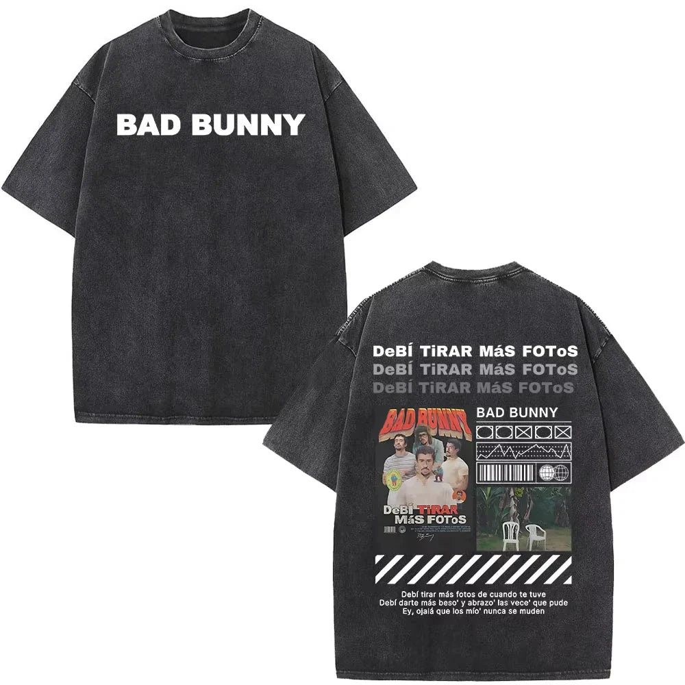 Black oversized rapper bad bunny t shirt with white front text and detailed dtmf t shirt back design featuring debi tirar mas
