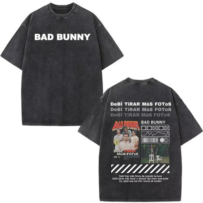 Black oversized rapper bad bunny t shirt with white front text and detailed dtmf t shirt back design featuring debi tirar mas
