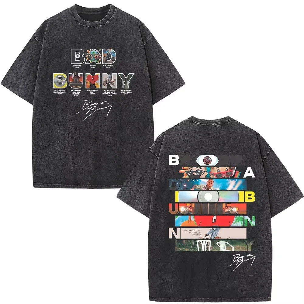Black oversized rapper bad bunny dtmf t shirt with washed vintage album cover graphic and debi tirar mas design