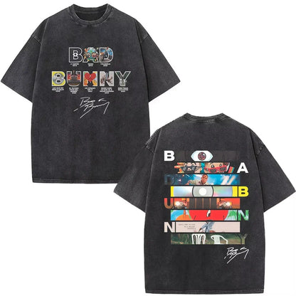 Black oversized rapper bad bunny dtmf t shirt with washed vintage album cover graphic and debi tirar mas design