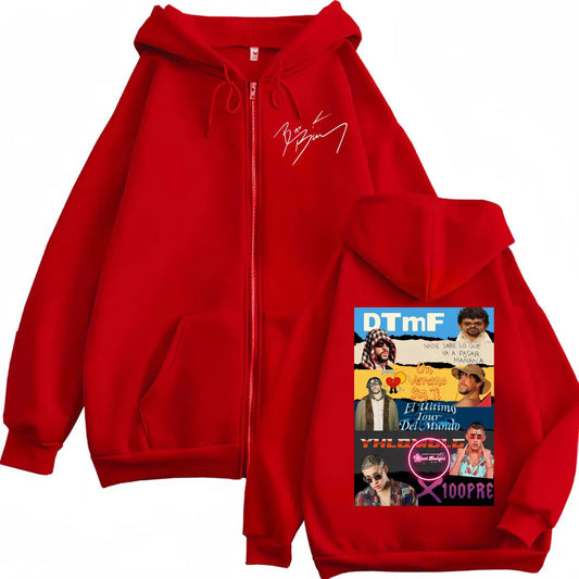 Red zip-up hoodie with dtmf tour graphic print and white signature on chest casual hip hop pullover for men and women