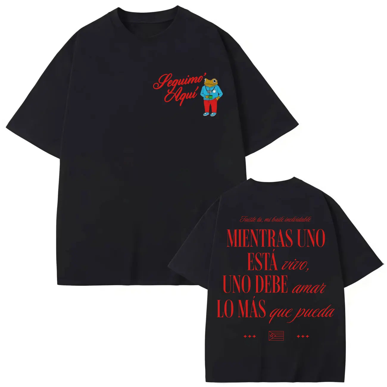 Black short-sleeved rapper bad bunny merch t-shirt with red text and cartoon frog made of casual loose cotton