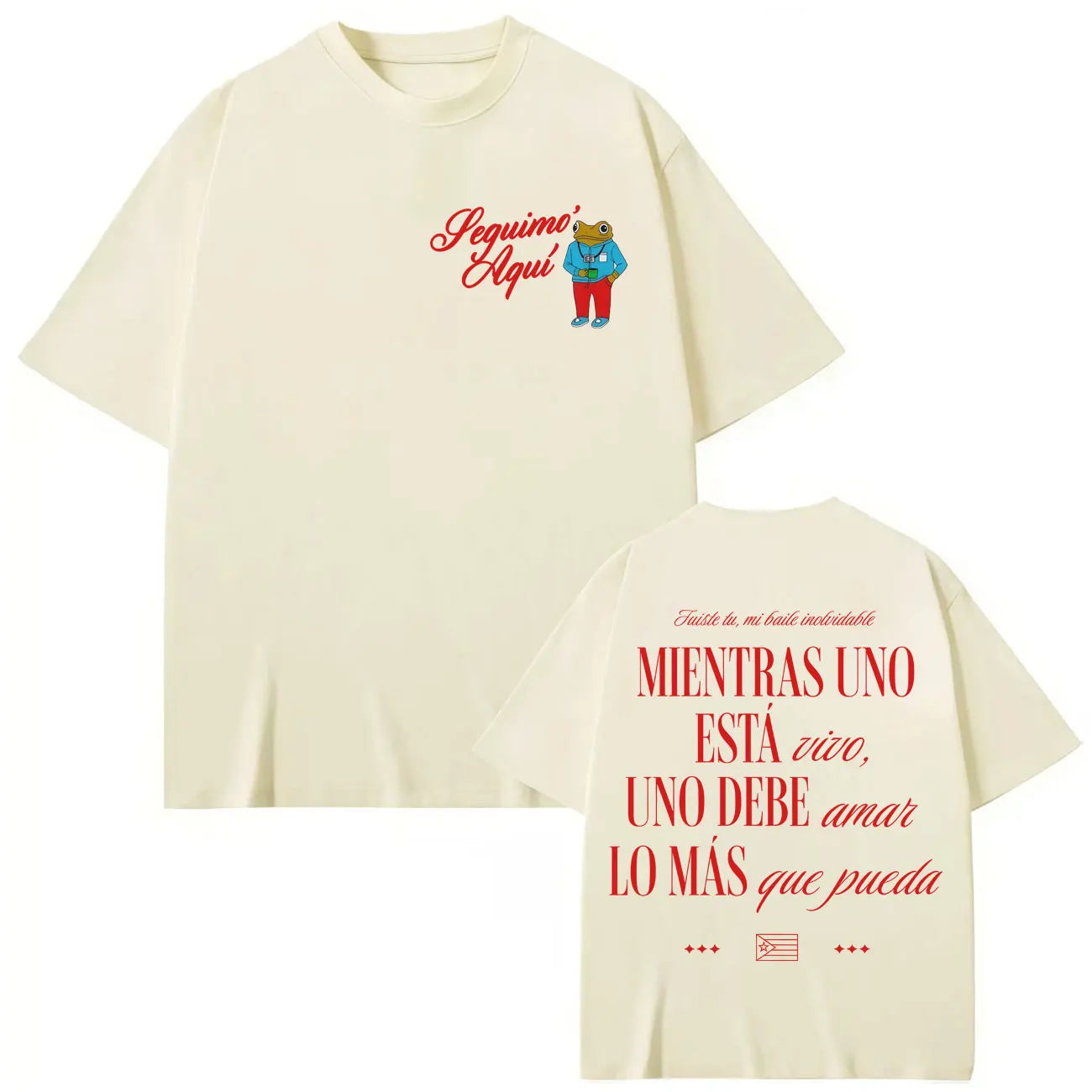 Cream-colored casual loose cotton t-shirt featuring a cartoon frog and bold red spanish text from rapper bad bunny merch