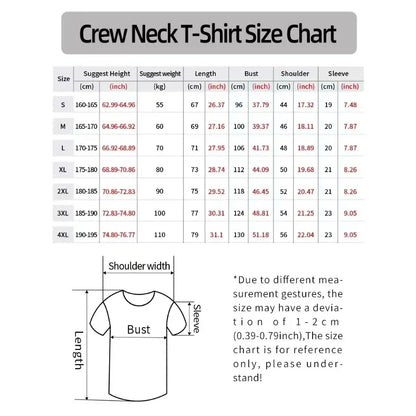 Crew neck rapper bad bunny merch t-shirt size chart shows casual loose cotton measurements in cm and inches for s to 4xl