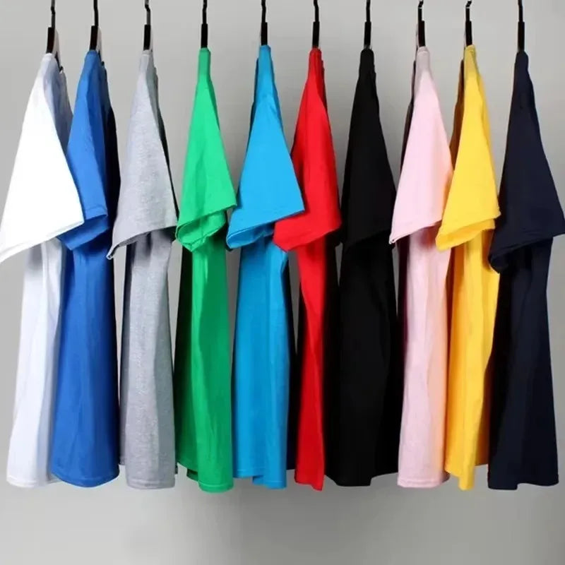 A row of colorful rapper bad bunny merch casual loose cotton t-shirts in solid hues for men and women streetwear