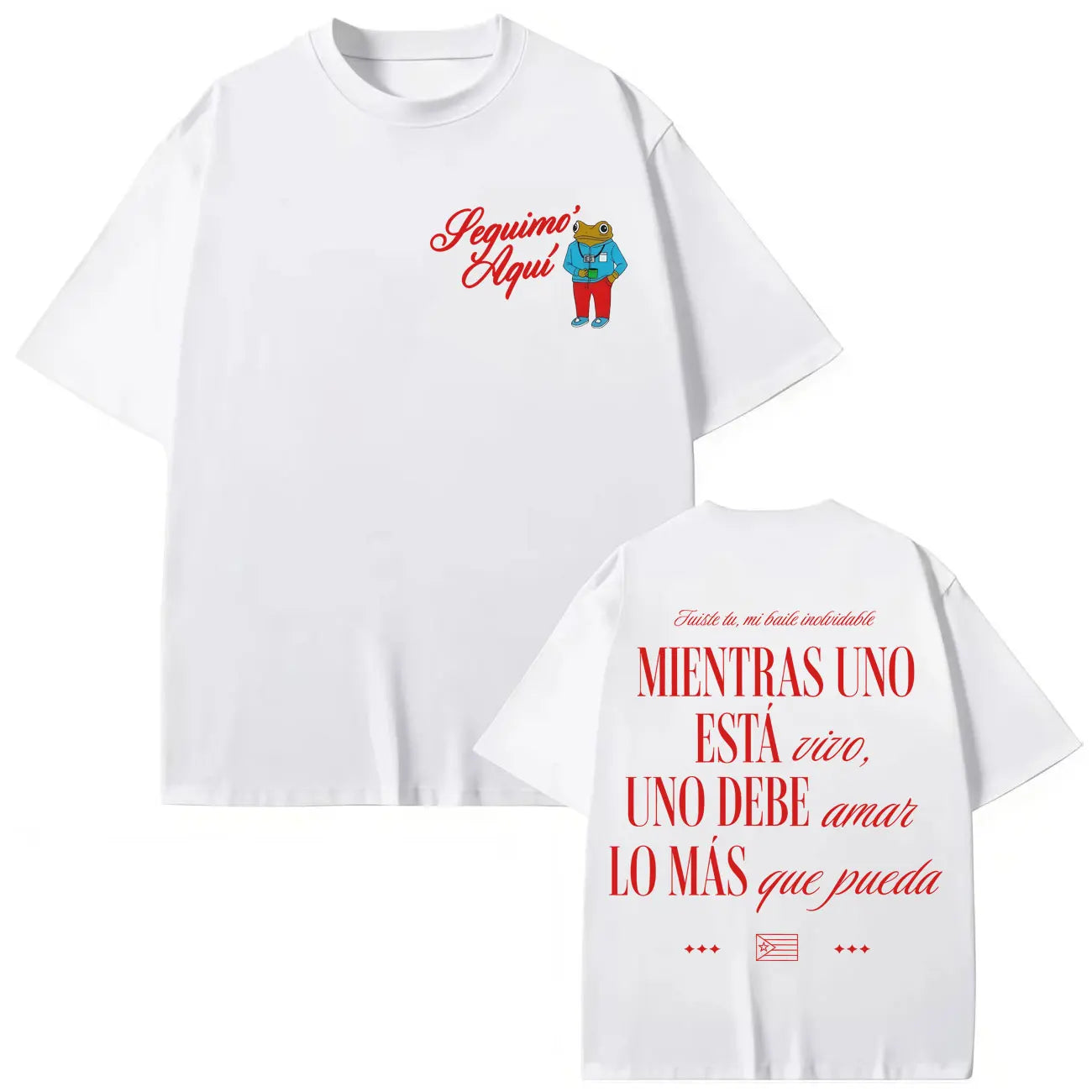 White cotton casual loose cotton t-shirt featuring rapper bad bunny merch cartoon frog design and spanish text