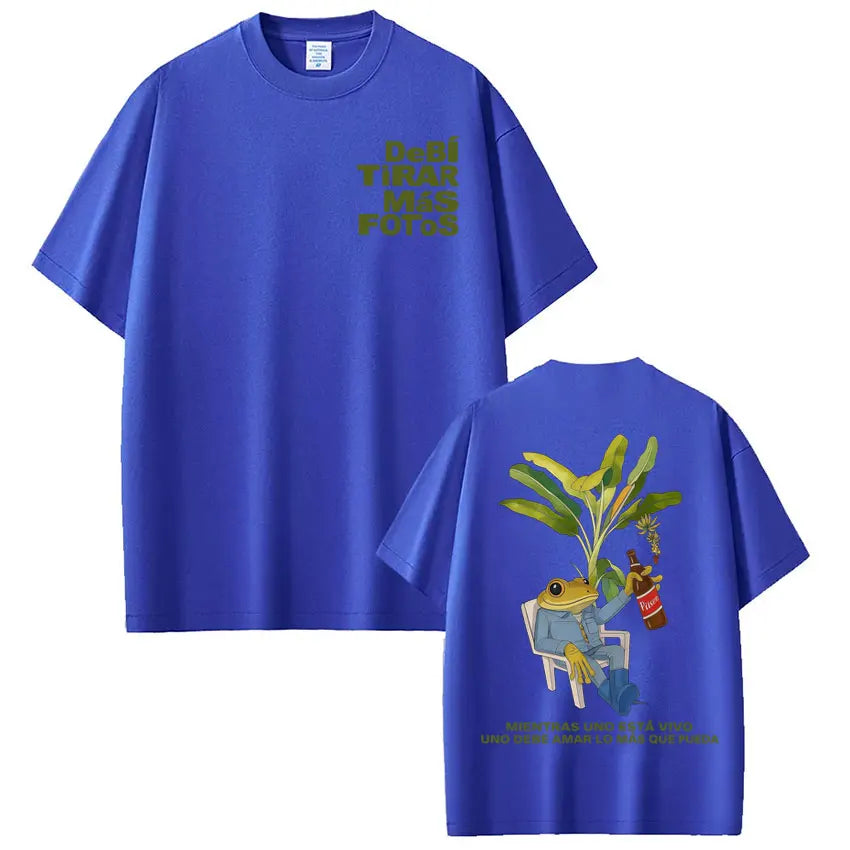 Royal blue oversized rapper bad bunny t-shirt with cartoon frog and dtmf world tour hip hop streetwear design back view