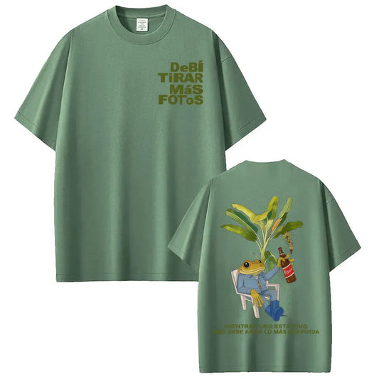 Olive green oversized rapper bad bunny t shirt with cartoon frog and banana leaves print on back hip hop streetwear dtmf world tour