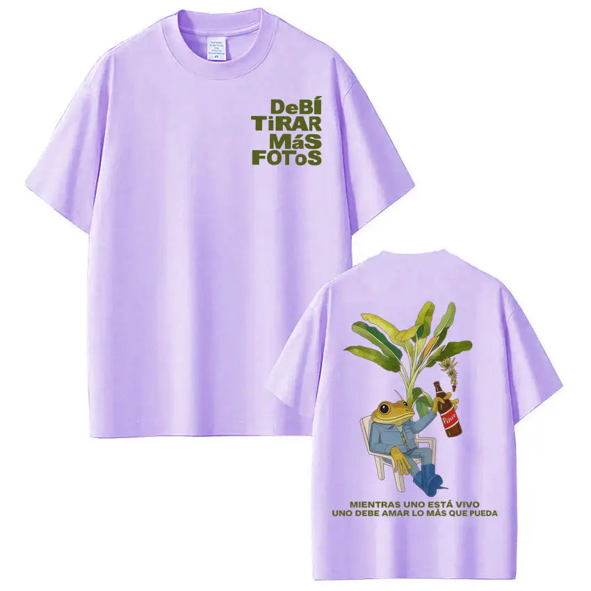 Lavender short-sleeved rapper bad bunny t-shirt with green text and frog illustration on back from dtmf world tour hip hop streetwear