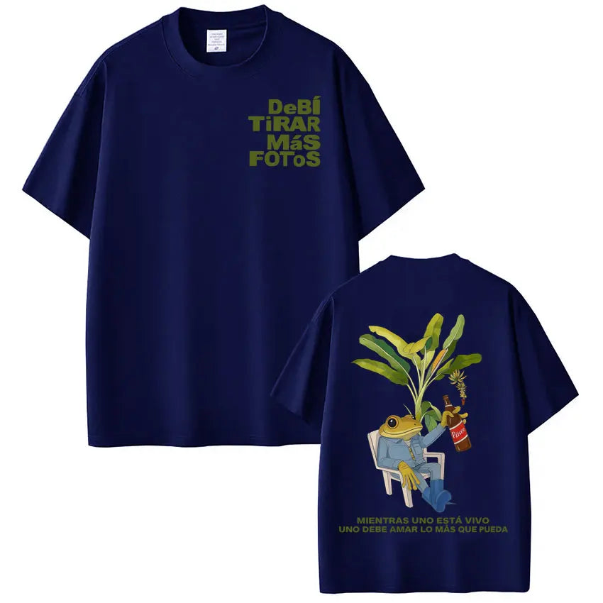 Navy blue cotton rapper bad bunny t-shirt with whimsical frog design on back and olive green dtmf world tour text on chest