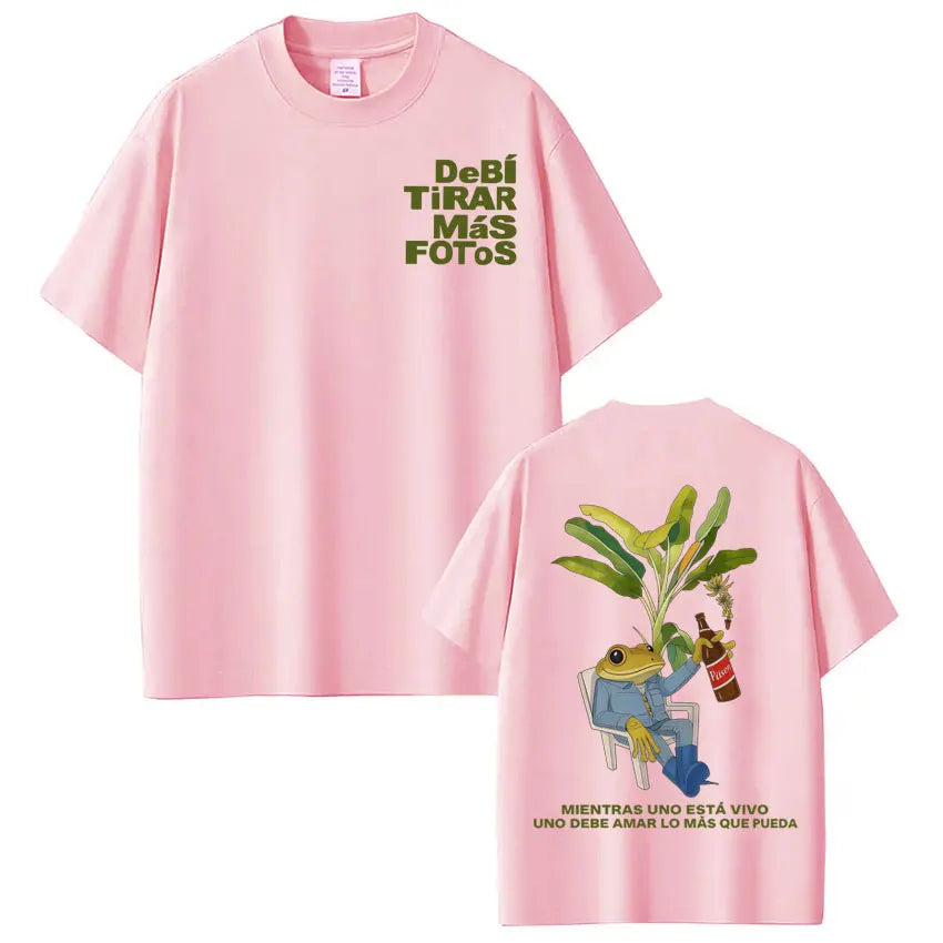 Pink short-sleeved rapper bad bunny t-shirt back side with green text and cartoon frog for dtmf world tour hip hop streetwear