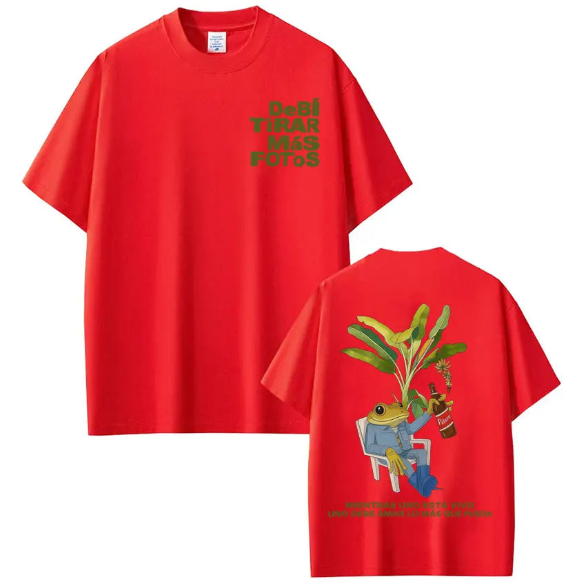 Red cotton rapper bad bunny t shirt with cartoon frog design for dtmf world tour hip hop streetwear style front and back
