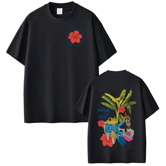Black short-sleeved dtmf world tour t-shirt with vibrant red hibiscus flower and colorful vintage hip hop frog graphic design
